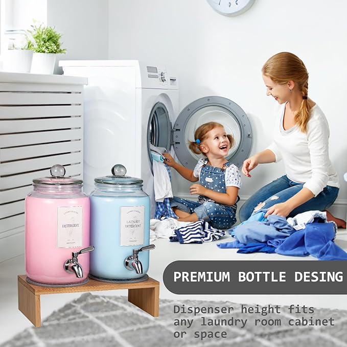 2 Pack Glass Laundry Detergent Dispenser,Sturdy glass Fabric Softener Dispenser With Leak Proof Pump,Reusable Container & Bamboo Stand-108Oz Big Laundry Soap Container For Washer Room Organization (2)