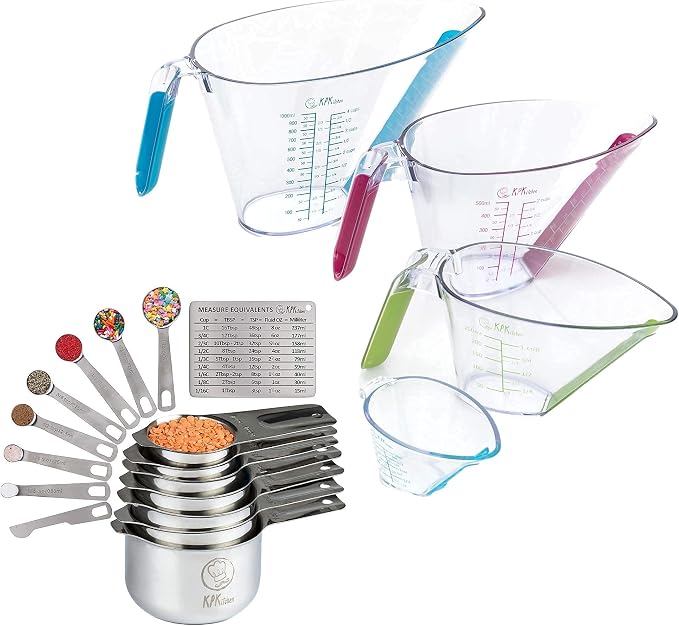 KPKitchen Stainless Steel Measuring Cups and Spoons Set of 16 and 4-Piece Liquid Measuring Cups Set - 7 Cup and 7 Spoon Metal Measure Sets - Includes Mini Ounce, 1, 2 and 4 Plastic Measuring Cup Sizes