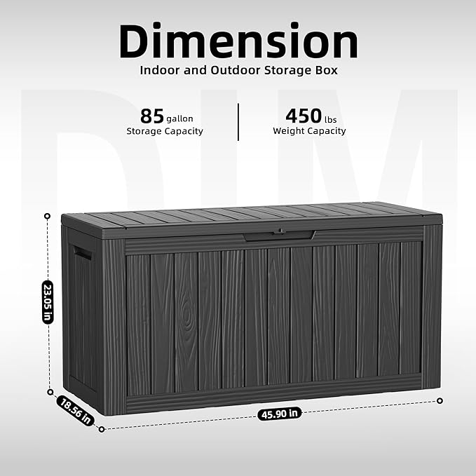 DRATO 85 Gallon Outdoor Storage Box Waterproof, Lockable Resin Deck Box for Patio Furniture, Pool Supplies & Garden Tools, Weatherproof Outside Storage Bin for Backyard Porch (Black, 85 Gallon)