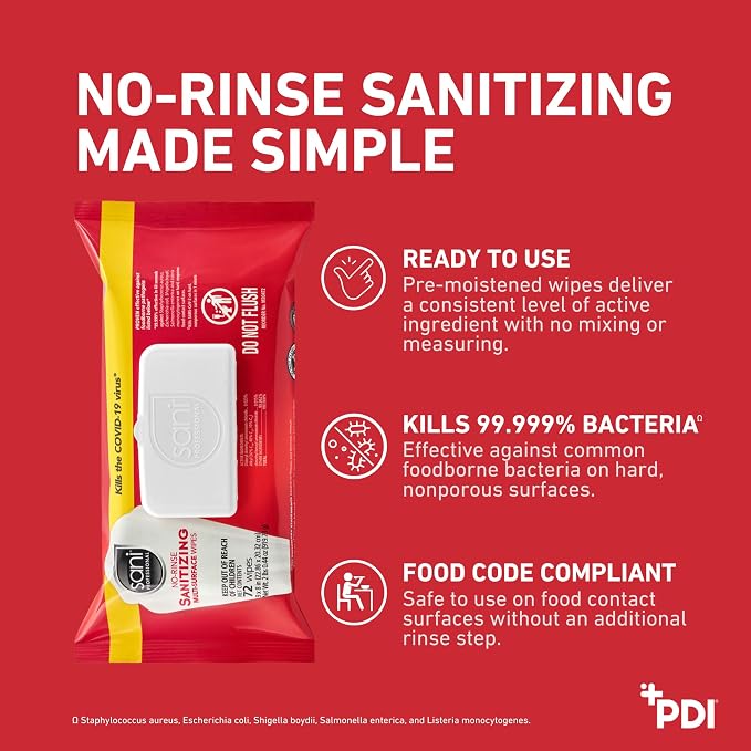 PDI Sani-Professional No-Rinse Sanitizing Multi-Surface Food Service Wipes Softpack, for Restaurants, Kitchen, Commercial and Home Use, Pack of 12, 72 Wipes Each, Large 9" x 8" Wipes
