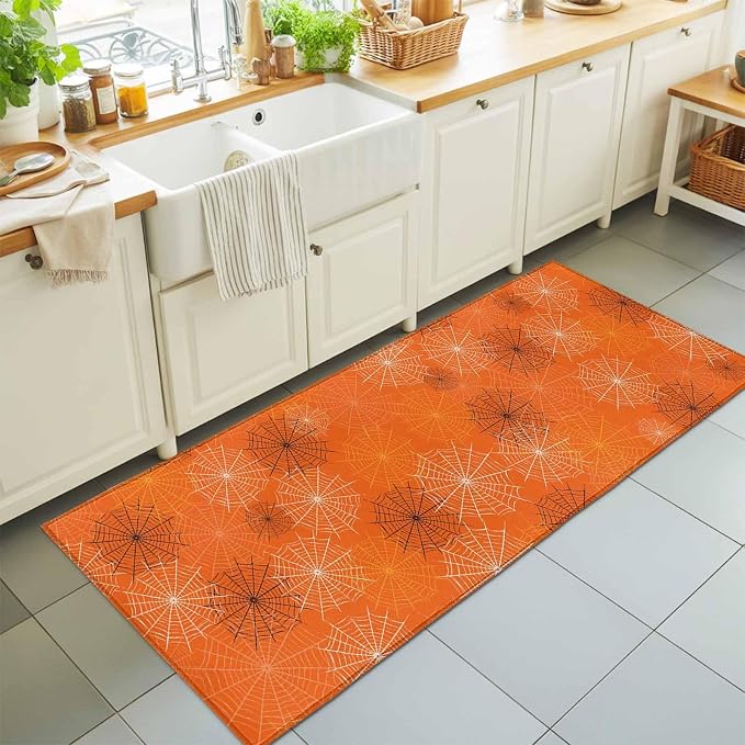 Hallway Runner Rug 2'x6', Orange Halloween Washable Bathroom Area Rugs for Kitchen Bedroom Laundry, Black White Net Halloween Non Slip Door Mat Indoor Entrance Floor Throw Bedsides Carpet