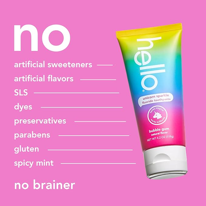 Hello Unicorn Sparkle Kids Toothpaste with Fluoride, Bubble Gum Toothpaste, 4.2 Oz Tube (Pack of 3) | Safe for Ages 2 and Up, Helps Prevent Cavities, Strengthens Enamel, Polishes Teeth, Vegan, Natural Bubblegum Flavor