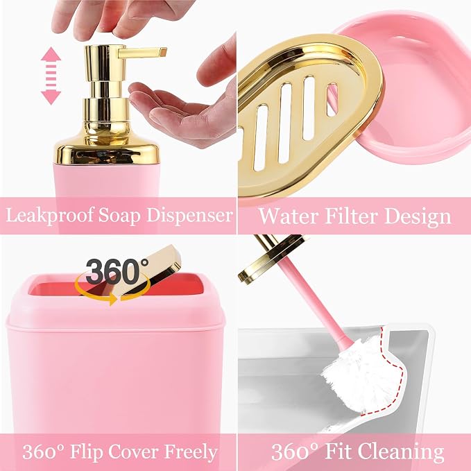 XLHOMO Bathroom Set, 9PC Bathroom Accessory Set, Pink Bathroom Accessories, Pink Bathroom Set, Trash Can, Soap Dispenser for Home Decor