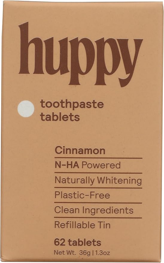 Huppy Toothpaste Tablets, Nano Hydroxyapatite, Fluoride Free and Plastic Free, Natural Whitening, Remineralizing, SLS Free, Travel Friendly Chewable Tabs, Cinnamon Flavor, 62 Count (1 Month Supply)