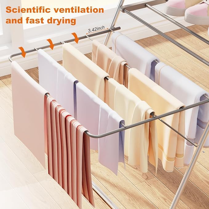 Bigzzia Clothes Drying Rack Foldable, 2-Level Large Laundry Drying Rack Collapsible, Stainless Steel Drying Rack Clothing for Indoor Outdoor, Easy to Fold, 33 Drying Rails, 56.1" L × 22.7" W, Gray