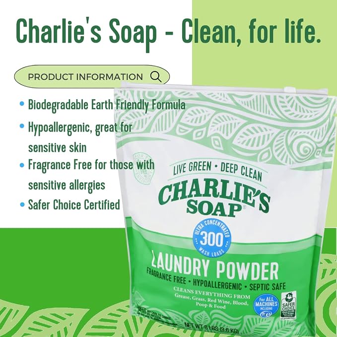 Charlie’s Soap Laundry Powder (300 Loads, 2 Pack) Hypoallergenic Deep Cleaning Washing Powder Detergent – Eco-Friendly, Safe, and Effective
