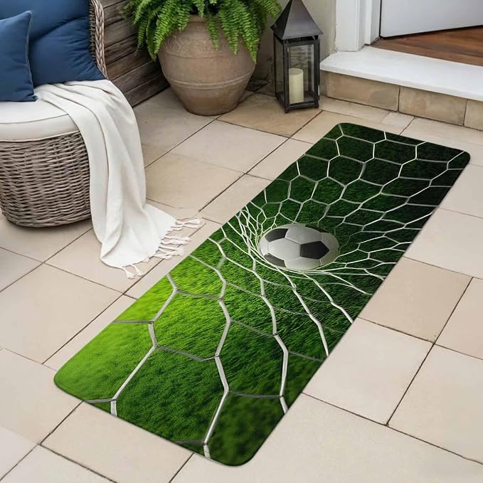 Soccer Bathroom Runner Rugs Non Slip Washable Absorbent Narrow Long Bath Mat Goal Net Competitive Green Grass Athletic Runner Rugs for Kitchen Hallway Bedroom Laundry Study Room 31.5"x63"
