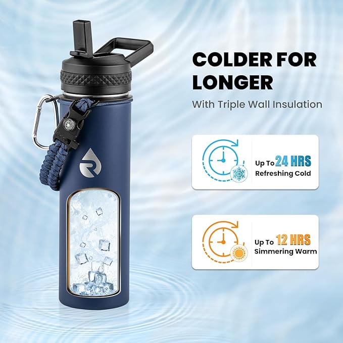 RAYMYLO Insulated Water Bottle 20 oz, Triple Wall Vacuum Stainless Steel (Cold for 24Hrs, Hot for 12Hrs), Leak Proof & Non-BPA, Modern Water Bottle Jug for School with Straw Spout Lids