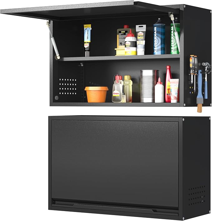 Coolsun Garage Wall Cabinet with Up-Flip Door, 19.7" H Metal Wall Cabinet | Wall Mounted Metal Storage Cabinet for Kitchen,Garage,Basement,Ware House Assembly Required (Black Gray 31.5" W)