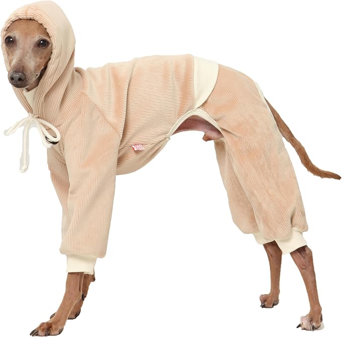 D Doggy Star Italian Greyhound Clothes, Corduroy Velvet Hooded Jumpsuit, Stretchy and Cozy (XL,Hoodie Beige)