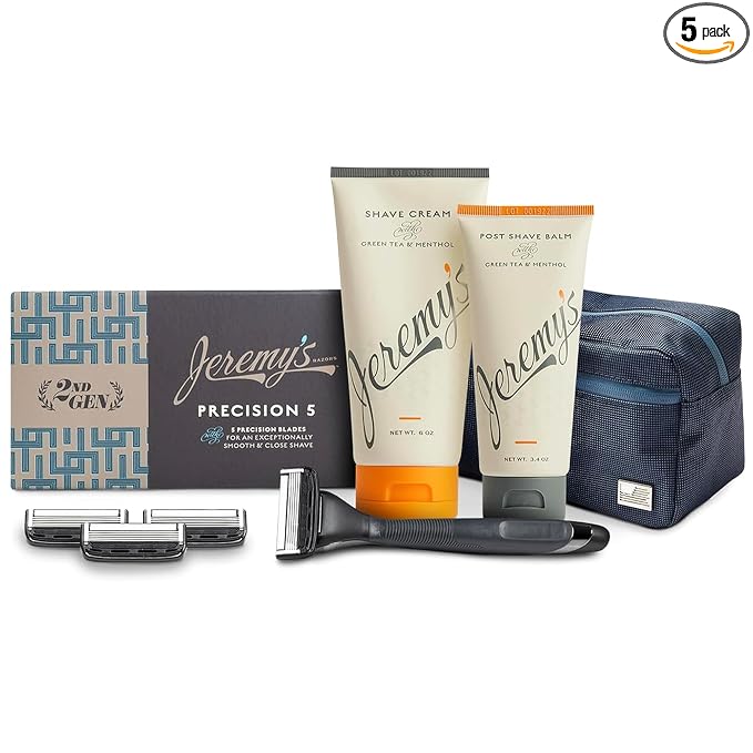 Jeremy’s Razors for Men, Precision 5 Shaving Kit, 4 Razor Cartridges, Shave Cream 6oz with Aloe + Cocoa Butter, Post Shave Balm 3.4oz, Ergonomic Grip Handle, Travel Bag, 8 Piece Set
