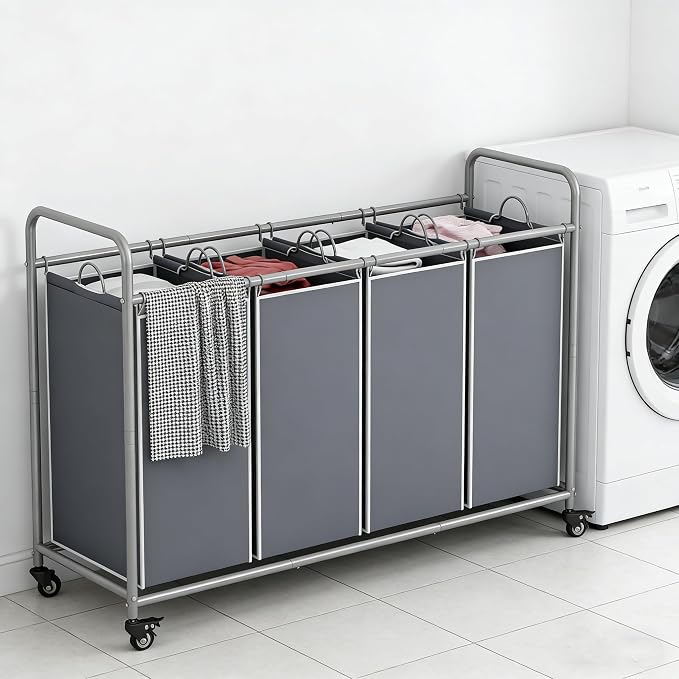 LINZINAR 4 Section Laundry Hamper, Grey Laundry Basket, 180L Laundry Sorter | Laundry Room Organization with Heavy Duty Rolling Lockable Wheels and Removable Bag, Bedroom Laundry Cart for Clothes Storage