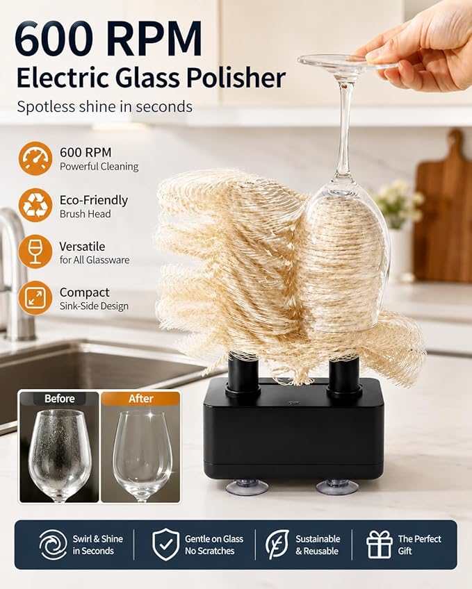 Wine Glass Cleaner Polisher Washer Machine for Home kitchen Sink with Eco-Friendly Brush Head Quick Polish&Clean Beer Whiskey Highball Glassware polishing kit 600 RPM