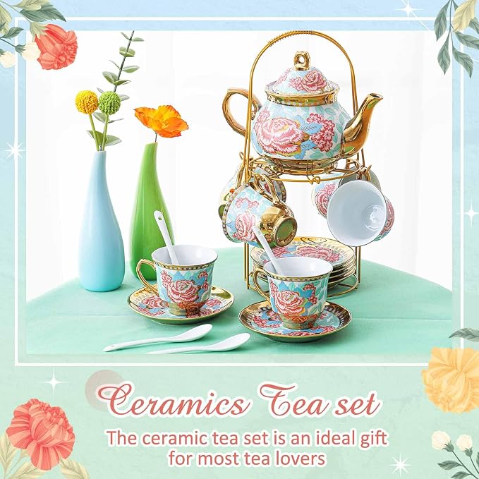 Zhehao 20 Pcs Porcelain Tea Set with Metal Holder and Spoon Adult Ceramic Tea Set European Flower Painting Teapot Cup Saucer Spoon for Women Mom Gift, Large Version (Vintage Style)