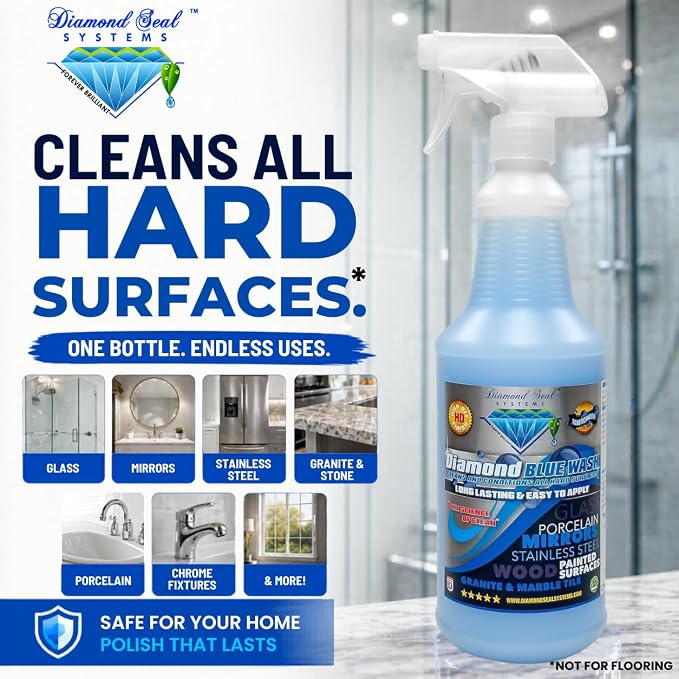 Made in the USA. Diamond Blue Repellent Wash Multi Surface. Cleans,Shine Best Cleaner for Glass, Granite, Countertops Wood & Stainless Steel. Direct from the Manufacturer 32oz Easy to use spray bottle