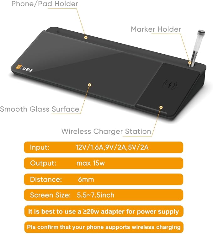 SELEAD Desktop Glass Whiteboard with Wireless Charger Station, Dry Erase Board Computer Pad Keyboard Stand with Organizer Drawer for Home, School, Office Desk Accessories, Black