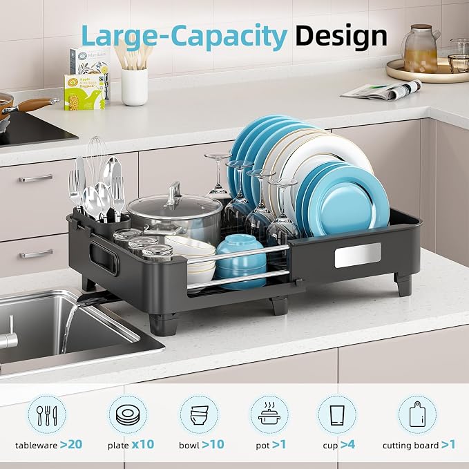 TOOLF Extendable Dish Drying Rack for Small Kitchen Counter, Black | 12.8-20.35 in, Unique Stainless Steel Design, Auto-Drainage, Perfect for Small Kitchens & Busy Kitchens