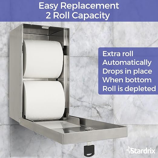 Stardrix 2 Roll Stainless Steel Commercial Toilet Paper Dispenser, Heavy Duty Wall Mount Tissue Holder with Lock for Restroom/Bathroom