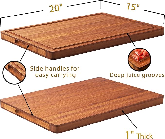 Allsum XL Cutting Board for Kitchen, 20x15" Extra Large, 1" Thick Bamboo Wood Butcher Chopping Block, Cheese Board, Durable Reversible with Juice Grooves and Handles
