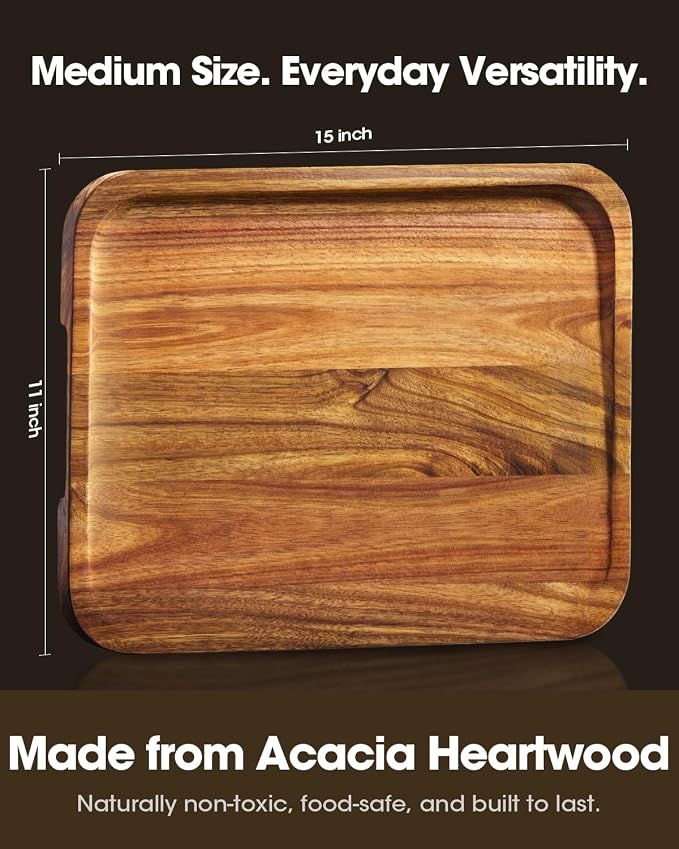 Starkbear Acacia Wood Cutting Board 15x11 Inch, Core-Cut Wooden Chopping Block for Kitchen with Sloped Juice Groove, Sleek Reversible Charcuterie Cheese Serving Tra