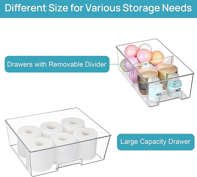 Vtopmart 5 Pack Stackable Storage Drawers, Easily Assemble Clear Plastic Organizer Bins, 3 Wide Drawers and 2 Small Drawers for Pantry, Kitchen Cabinet, Bathroom, Closet Organization and Storage