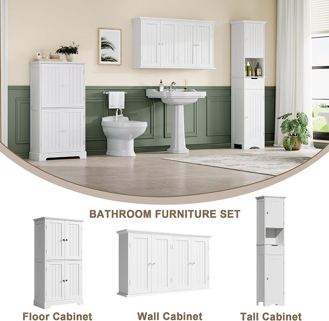 ChooChoo Bathroom Wall Cabinet with 4 Doors, Laundry Cabinet Wall Mounted, Medicine Cabinet with Adjustable Shelves, Hanging Kitchen Cupboard Organizer, White