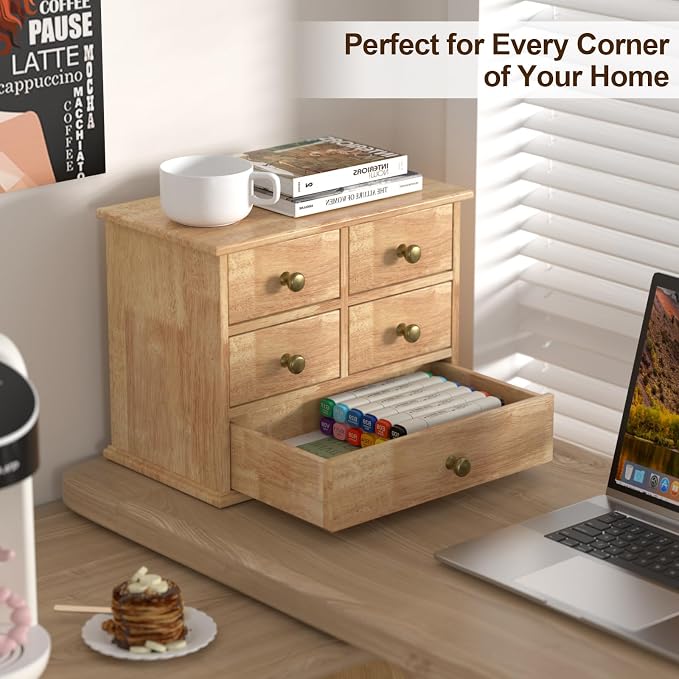 Oak Desk Organizer with Drawers, Wooden Desktop Storage Box with Metal Handles & Non-Slip Silicone Pads, 5 Drawer Tabletop Organizer for Office, Bedroom, Bathroom, Vanity, Makeup – Light Burnt Brown