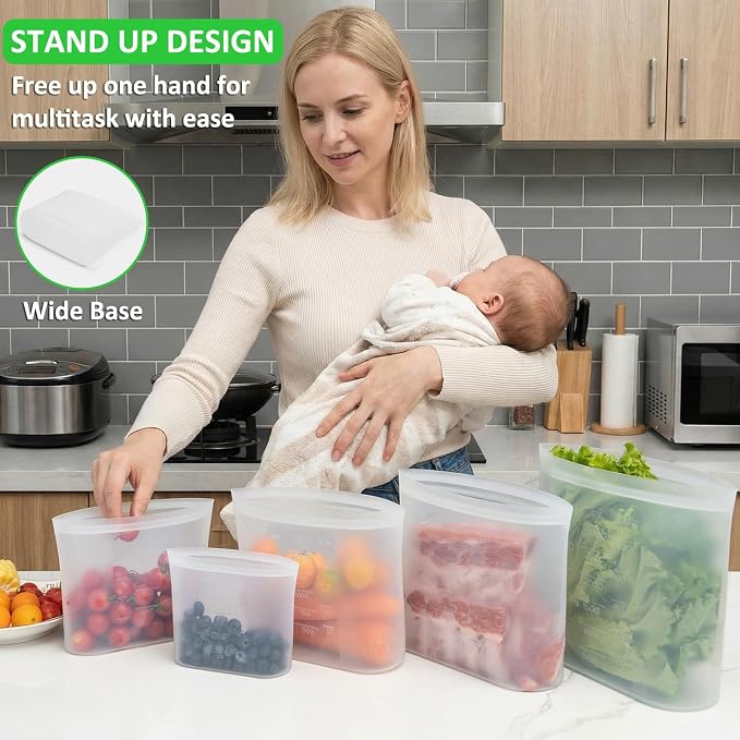 Premium Silicone Reusable Food Bags, Family Storage Set, 10 Pack, 100% Platinum Silicone Food Storage Bag Stand-Up Wide-Mouth Zip-Lock, Microwave Dishwasher Safe, 2XL/2L/2M/2S/2XS, Crystal-Clear