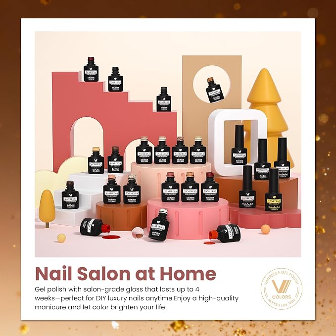 VANREESA 24 Pcs Gel Nail Polish Set -Elegant Colors Gel Polish with Base Coat & 4 Effects of Top Coat Pearl White Nude Brown Red Orange Gray Black Glitter Gel Polish Set Nail Kit Gifts for Women Girls