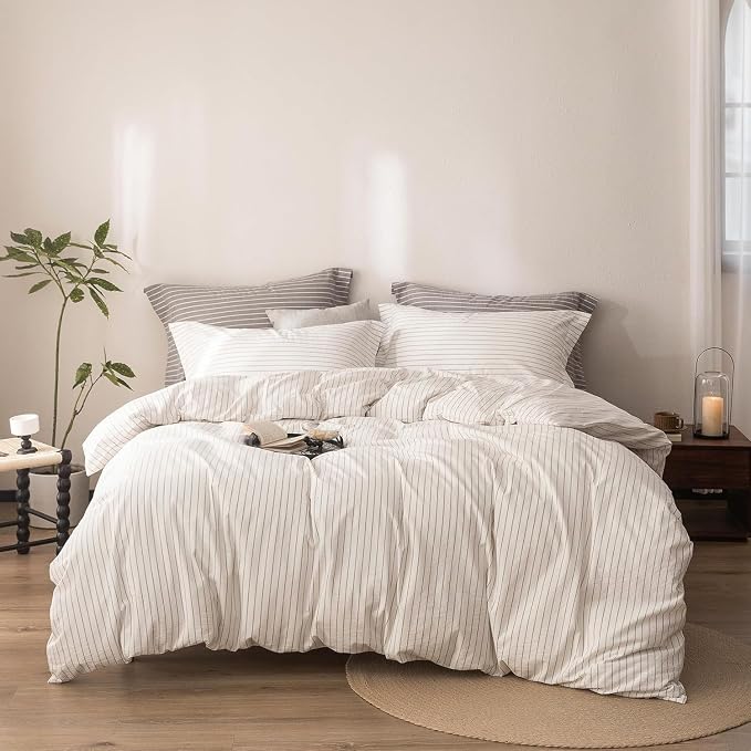 Stripe Duvet Cover Full Size 90inch x 80inch,100% Washed Cotton Linen Feel Duvet Cover with Zipper Closure and 2 Pillowcases, Color of Off White-Linen Grey Stripe