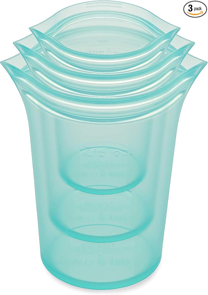 Zip Top Reusable Food Storage Bags | 3 Cup Set [Teal] | Silicone Meal Prep Container | Microwave, Dishwasher and Freezer Safe | Made in the USA