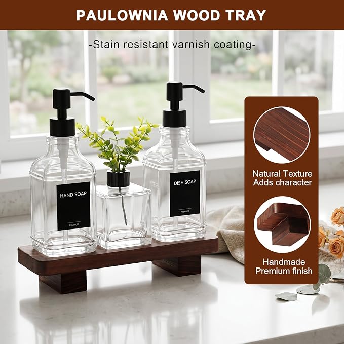Kitchen Soap Dispenser Set with Wood Tray, Clear Glass Soap Dispenser with Pump, Decorative Hand and Dish Soap Dispenser Set, Soap and Lotion Dispenser Upgrade for Kitchen and Bathroom Decor