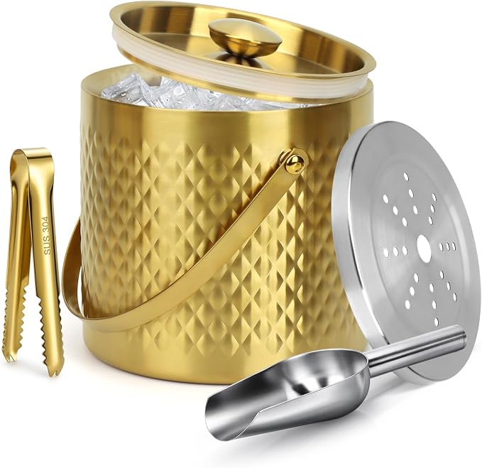 3L Vacuum Insulated Ice Bucket, 304 Stainless Steel Champagne Bucket with Lid, Silicone Seal, Handle, Ice Tongs Scoop Strainer, 2-3H Cold Retention for Bar Party Home Wedding Gifts