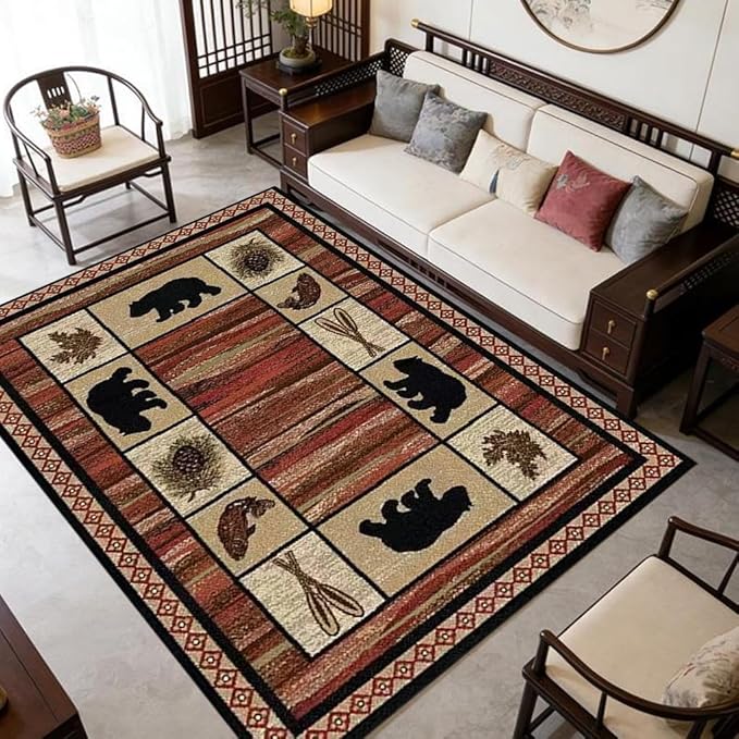 Rustic Cabin Bear Rugs 6ftx9ft Wildlife Fish Plants Print Area Rug for Living Room Bedroom Entrance Non-Slip Lodge Bear Indoor Decorative Carpet