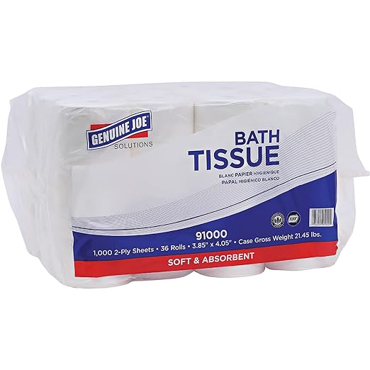 Genuine Joe Bath Tissue, 3.85" x 4.05", 2-Ply, 1000 Sheets/Roll, 36 Count