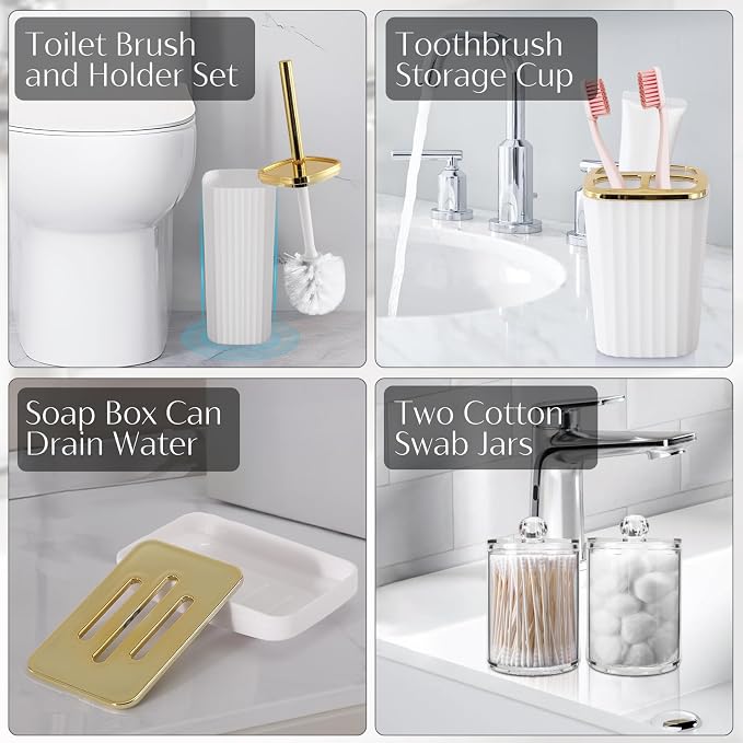 17PCS Bathroom Accessories Set, White Bathroom Set Bathroom Accessories Set with Trash Can, Toilet Brush, Toothbrush Holder, Qtip Holder & 3PCS Soap Dispenser
