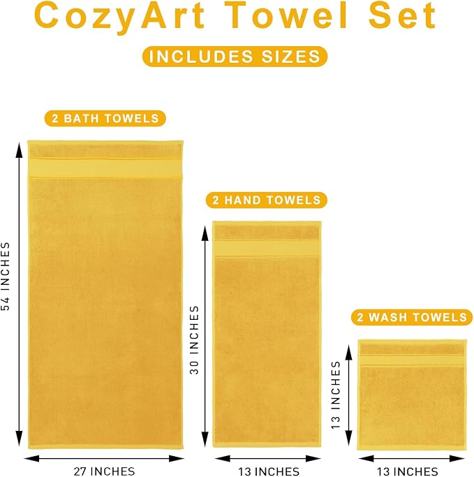 COZYART Bath Towel Set 6 PCS, Luxury Gold 100% Turkish Cotton 650GSM Soft | Absorbent Quick Dry, OEKO‑Tex 100 Cert. Zero Twist Ring Spun Cotton, Plush Fluffy, Breathable Hotel Quality Bathroom Towels