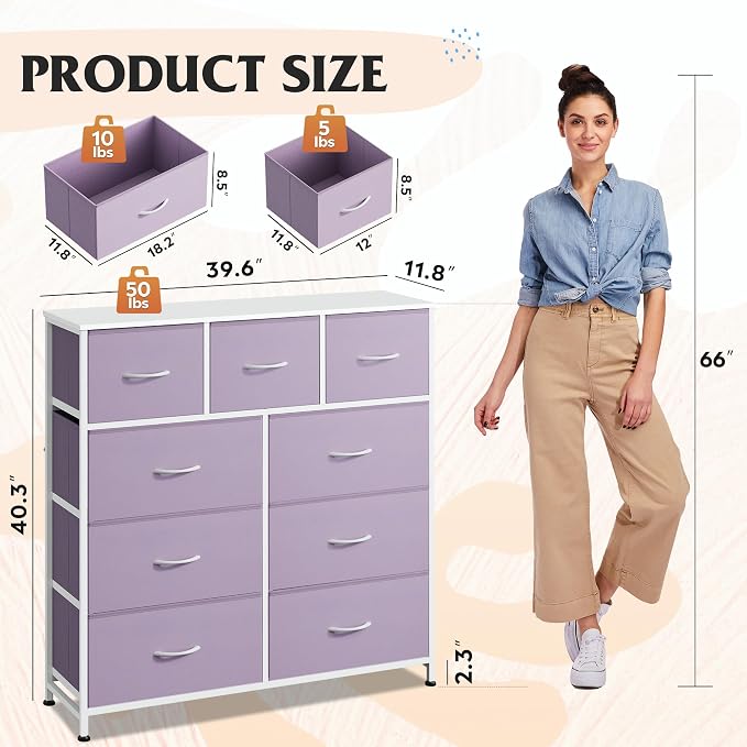 WLIVE 9 Drawer Dresser, Fabric Storage Tower for Bedroom, Hallway, Closet, Tall Chest Organizer Unit for Bedroom with Fabric Bins, Steel Frame, Wood Top, Easy Pull Handle, Purple