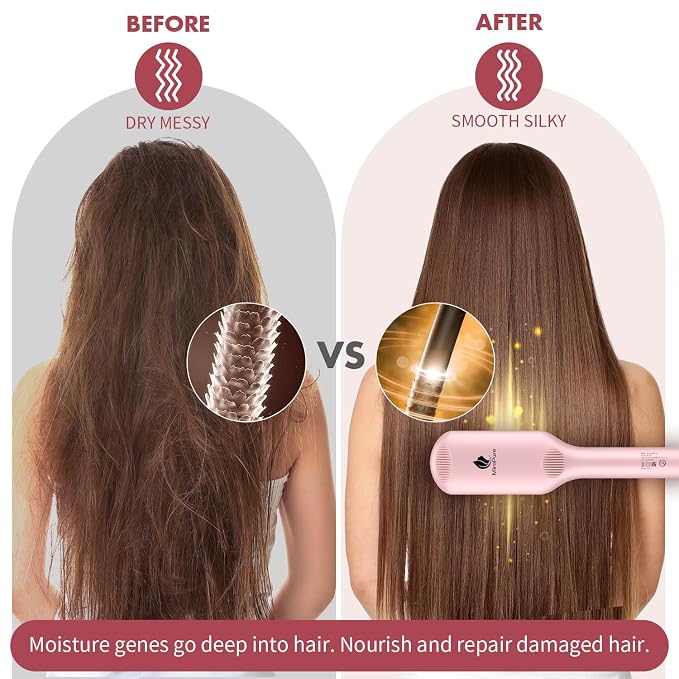 Enhanced Hair Straightener Heat Brush by MiroPure, 2-in-1 Ceramic Ionic Straightening Brush, Hot Comb with Anti-Scald Feature, Auto Temperature Lock & Auto-Off Function (Pink) 4 Piece Set