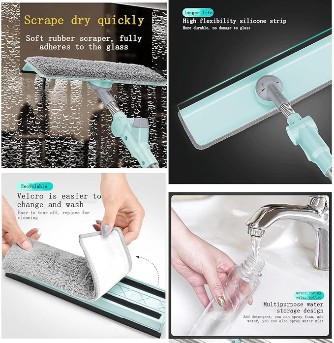 Window Cleaner Tool Kit with Telescopic U Shaped Pole,Squeegee for Window Washing,Water Sprayable,Rotatable Cleaning Head,Clean Inside and Outside Windows Without Leaving Dead Ends