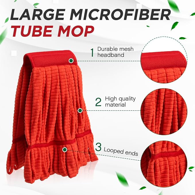 Hushee 12 Pack Large Microfiber Tube Mop Heads 18 oz Heavy Duty Commercial Industrial Wet Mop Head Refill Reusable Machine Washable Looped End Mopheads for Hardwood, Tile, Laminate Floors (Red)