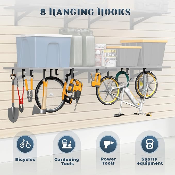 Jusgym 2-Pack 2x3ft Garage Shelving Wall Mounted, 2' x 3' Heavy Duty Garage Storage Shelves with Hooks, 500LB Capacity