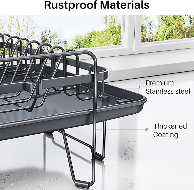 SNTD Dish Drying Rack - Large Dish Racks for Kitchen Counter, Expandable Dish Drainers with Cutlery Holder Stainless Steel Rustproof (Grey)