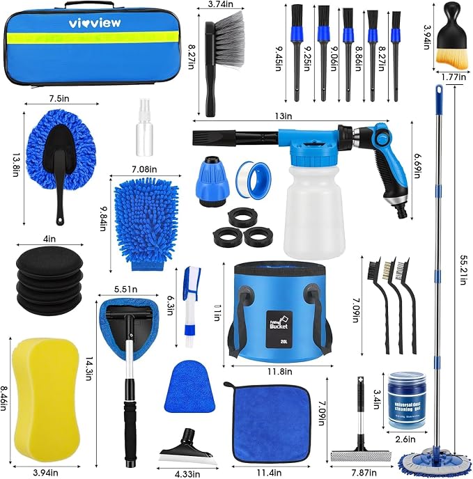 36Pcs Blue Car Wash Detailing Kit，Car Cleaning Set with Foam Gun Sprayer，Long-Handle Brush Mop，Large Collapsible Bucket，Complete Car Wash Supply Gift for Men and Women