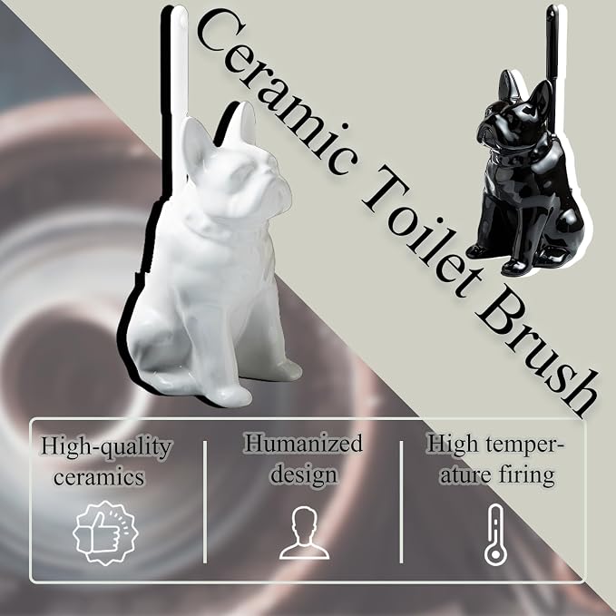 Ceramic French Bulldog Toilet Brush Holder – Cute Bathroom Decor with Hideaway Storage, Space-Saving Design, Premium Ceramic Dog Lover Gift, Includes 2 Durable Scrub Brushes (White)