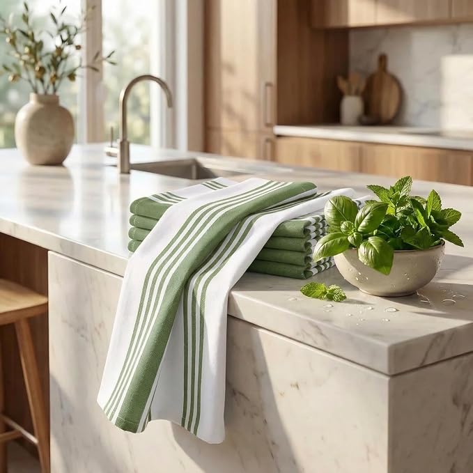 Urban Villa Kitchen Towels Cotton Dish Towels 20”x30” (Set of 6) Green Wht