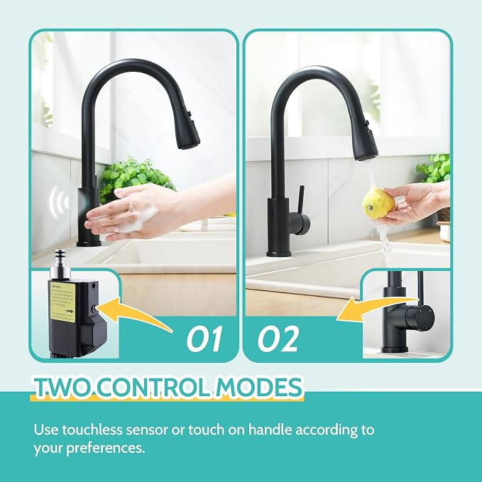 Kicimpro Black Touchless Kitchen Faucet with Pull Down Sprayer Single Handle, Side Motion Sensor Kitchen Touchless Faucet with Water Lines, Two Modes Matte Black Touchless Faucet for Kitchen Sink