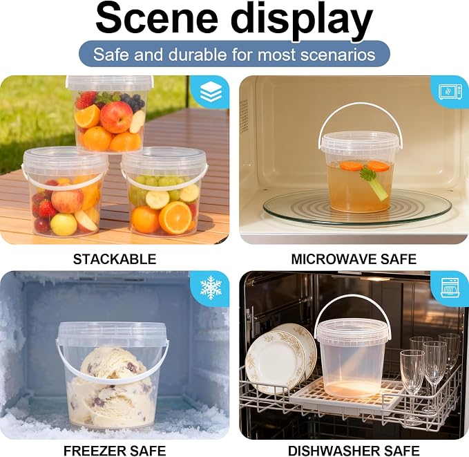 4 Pack 64oz Food Grade Plastic Buckets with Screw Lids & Handle, Reusable Storage Containers for Snacks, Salad, Sauce - Clear Freezer Safe Bucket Set