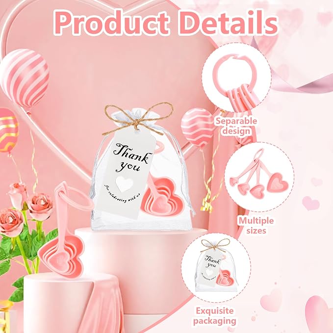50 Set Heart Measuring Spoons: Wedding Bridal Shower Bulk Favors | Plastic heart measuring spoons with bags and cards. Practical souvenirs for wedding guests and bridal shower favors