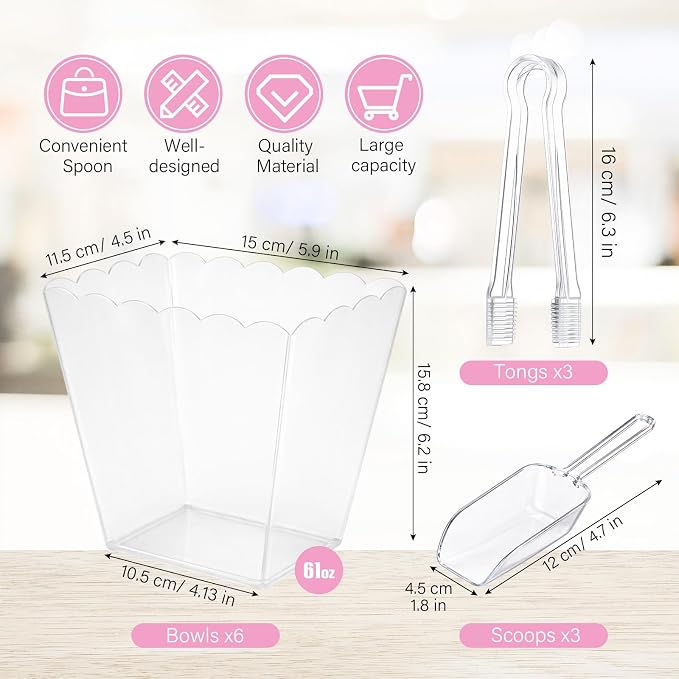 61 oz 6 Clear Plastic Candy Bar Containers with 3 Tongs and 3 Scoops Candy Buffet Supplies Reusable Scalloped Bowls for Party Station Weddings Birthday Dessert Snack Display